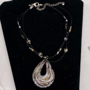 Vtg Chico's Dichroic Glass Metal Medallion Pendant Stranded Wire Bib Necklace
